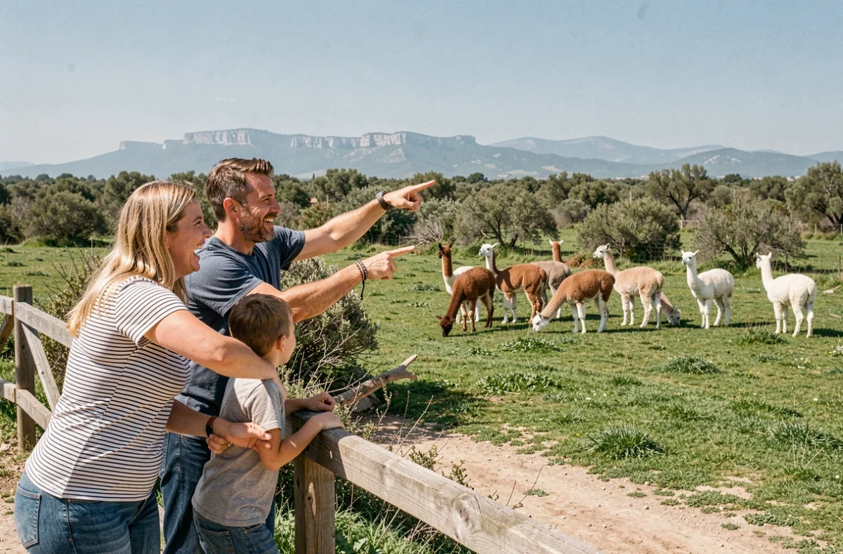 Famille avec enfant observant des alpagas dans un sanctuaire animalier près de Saint-Rémy-de-Provence
