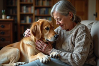 Femme en laine douce caressant un chien doré dans un salon chaleureux