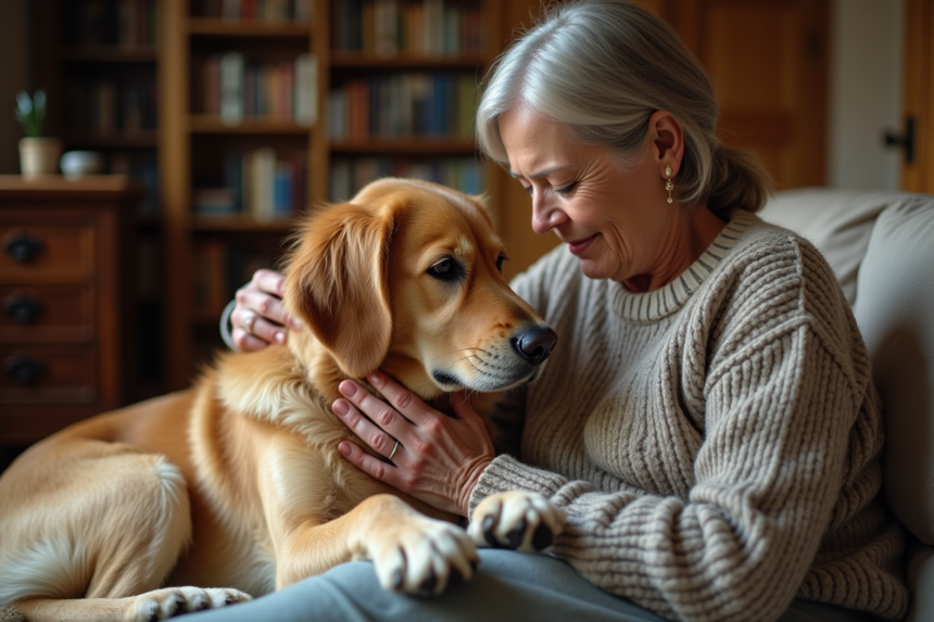 Femme en laine douce caressant un chien doré dans un salon chaleureux