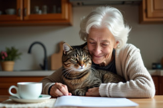 Femme agee tenant un chat gris sur ses genoux dans la cuisine