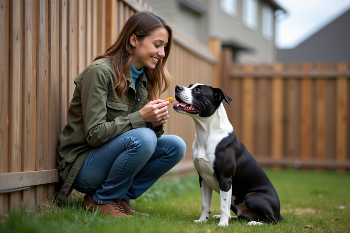 Jeune femme souriante avec un American Staffordshire en jardin