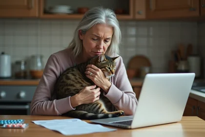 Femme préoccupée avec son chat dans la cuisine