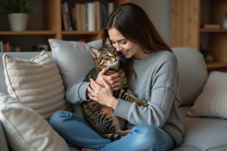 Jeune femme avec chat dans un salon chaleureux
