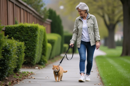 Femme marchant avec un chat ginger en extérieur