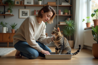Femme caressant un chat tabby dans un salon cosy