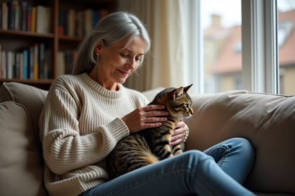 Femme assise avec un chat tabby sur ses genoux dans un salon cosy