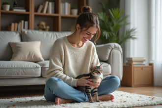 Jeune femme avec chaton dans un salon cosy