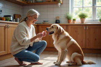 Femme souriante avec son chien dans la cuisine chaleureuse