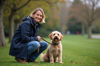 Femme en jeans et coupe-vent avec chien dans un parc