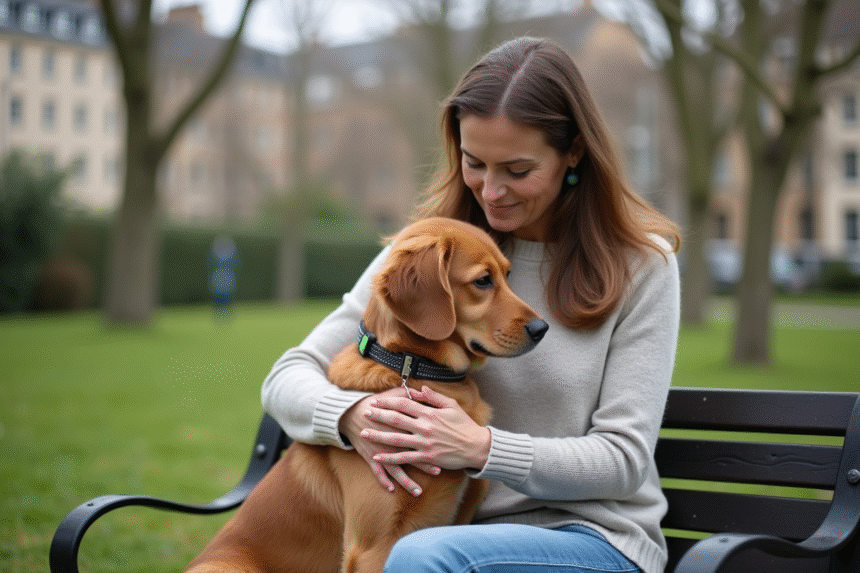 Femme assise avec son chien dans un parc urbain