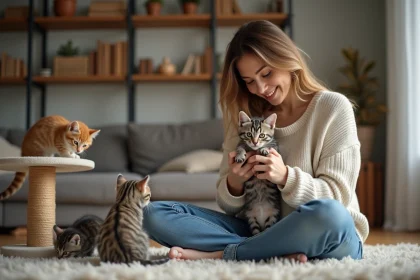 Jeune femme avec un chaton dans un salon chaleureux