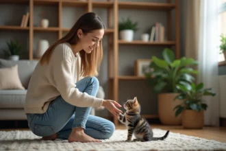 Jeune femme caressant un chaton dans un salon chaleureux