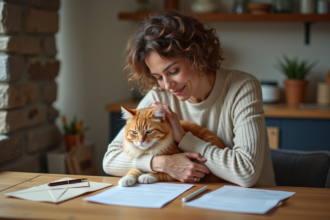 Femme avec chat sur ses genoux dans une cuisine chaleureuse
