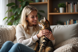 Femme assise sur un canapé avec son chat tigré dans un salon lumineux