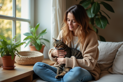 Femme douce tenant un chat abandonné près d'une fenêtre