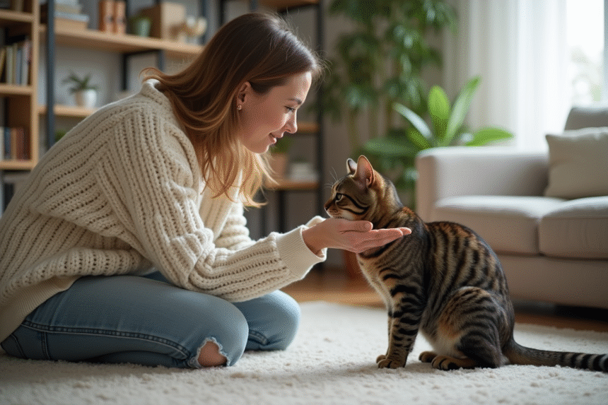 Femme et chat domestique en intérieur paisible