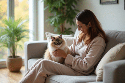 Femme d'âge moyen caressant un chat longhair dans un salon lumineux