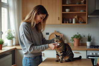 Jeune femme caressant un chat dans la cuisine chaleureuse