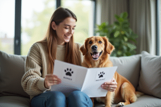 Jeune femme souriante avec son chien dans un salon lumineux