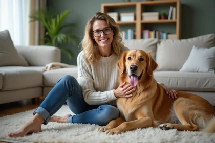 Femme souriante avec son chien golden retriever dans le salon