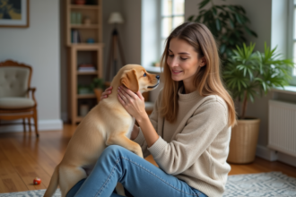 Femme avec un chiot golden retriever dans un salon chaleureux