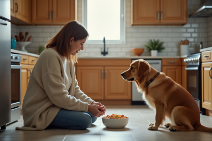 Femme et chien au petit déjeuner dans une cuisine moderne