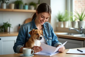 Jeune femme souriante avec son chien en cuisine moderne