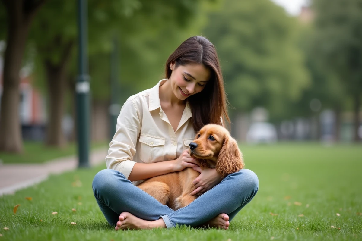 Jeune femme assise dans un parc en train de caresser un Cocker Spaniel nain doré, scène d'adoption responsable en extérieur