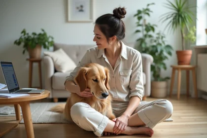 Femme consultant des documents de mutuelle pour chien avec son golden retriever dans un appartement moderne