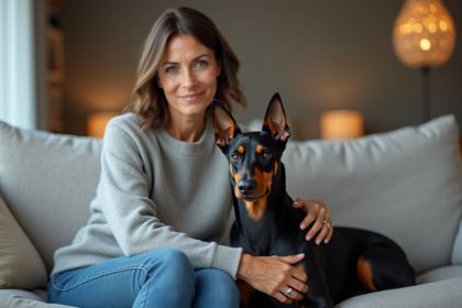 Femme réconfortant un Dobermann assis sur un canapé