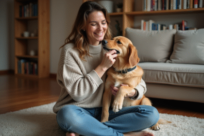 Femme assise avec son chien dans un salon chaleureux