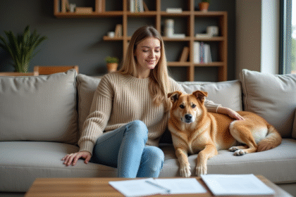 Femme et chien lisant des documents dans le salon