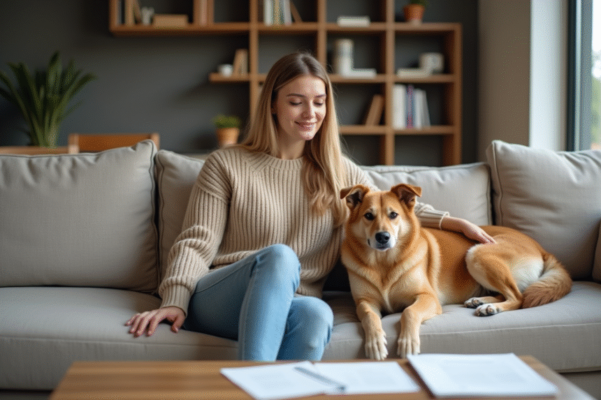 Femme et chien lisant des documents dans le salon