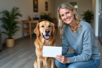 Femme souriante avec un chien golden retriever dans un refuge animal