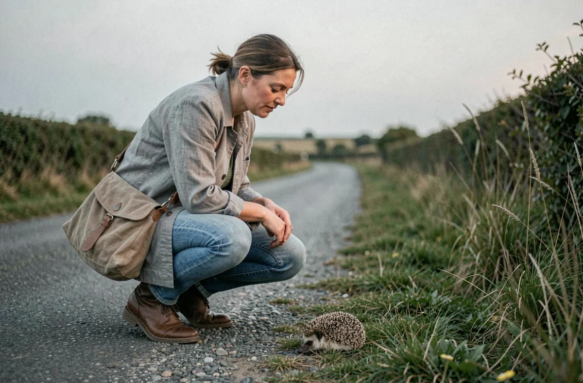Femme observant un hérisson au bord d'un chemin de campagne, moment de contemplation et de présage spirituel