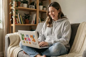 Jeune femme souriante sur un canapé utilisant un site de jeux interactifs avec des chats sur son ordinateur portable