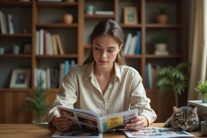 Femme lisant un magazine animalier avec un chat tigré posé sur le bureau en bois
