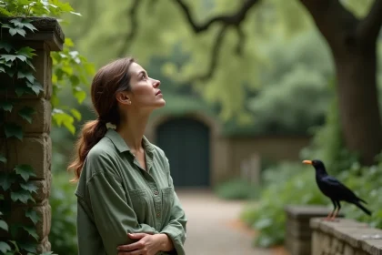 Femme contemplant un merle posé sur un muret de pierre dans un jardin botanique, symbolisme des oiseaux dans la nature