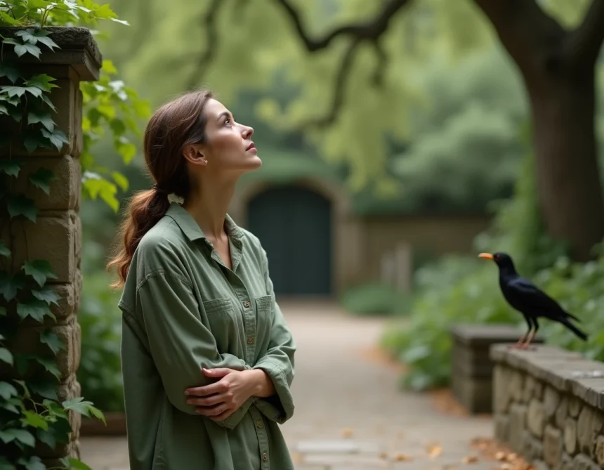 Femme contemplant un merle posé sur un muret de pierre dans un jardin botanique, symbolisme des oiseaux dans la nature