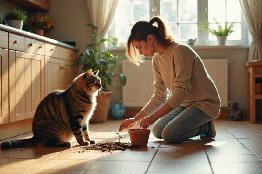 Femme nettoie un pot cassé avec un chat regardant