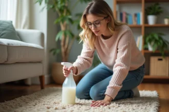 Jeune femme nettoyant un tapis avec du vinaigre blanc