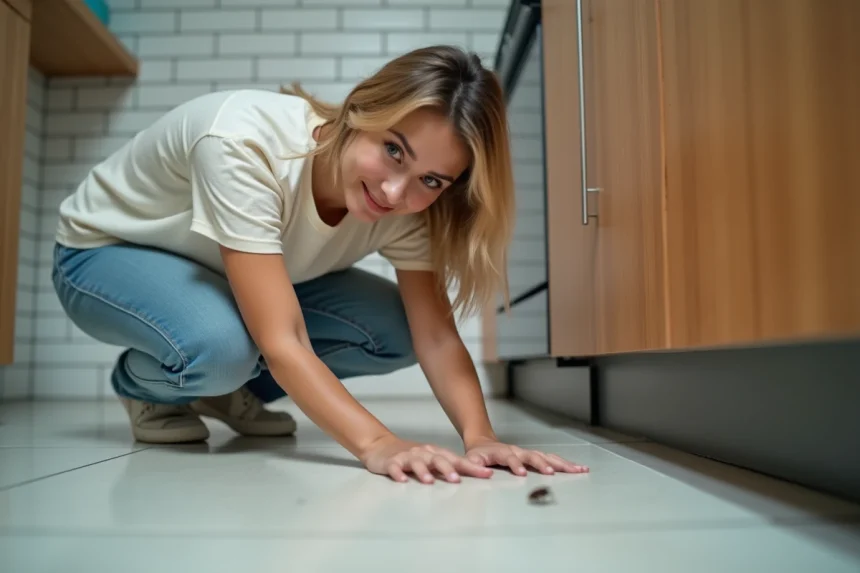 Femme observant calmement un insecte près d'une plinthe de cuisine dans un appartement moderne