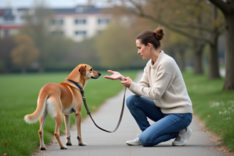 Femme en jeans et pull examine sa main dans un parc avec chien