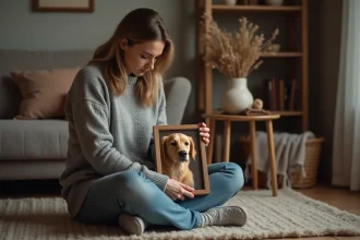 Femme tenant une photo encadrée de son chien golden retriever en souvenir, assise sur un plancher en bois dans un salon chaleureux