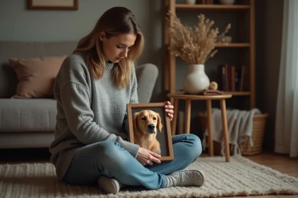 Femme tenant une photo encadrée de son chien golden retriever en souvenir, assise sur un plancher en bois dans un salon chaleureux