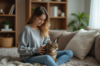Jeune femme caressant un chat sur ses genoux dans un salon cosy