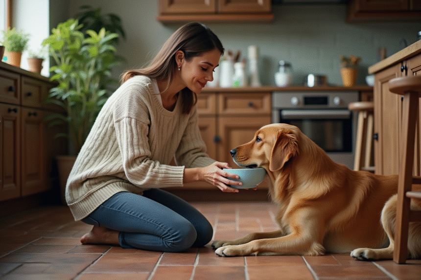 Femme âgée offrant de l'eau infusée aux herbes à son chien dans la cuisine chaleureuse