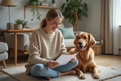 Femme souriante avec retriever et documents d'assurance