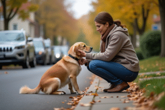 Femme crouchant près d'un retriever blessé dans la rue