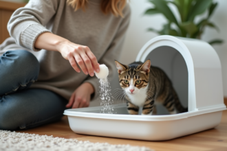 Femme saupoudrant du bicarbonate dans la litière pour chat